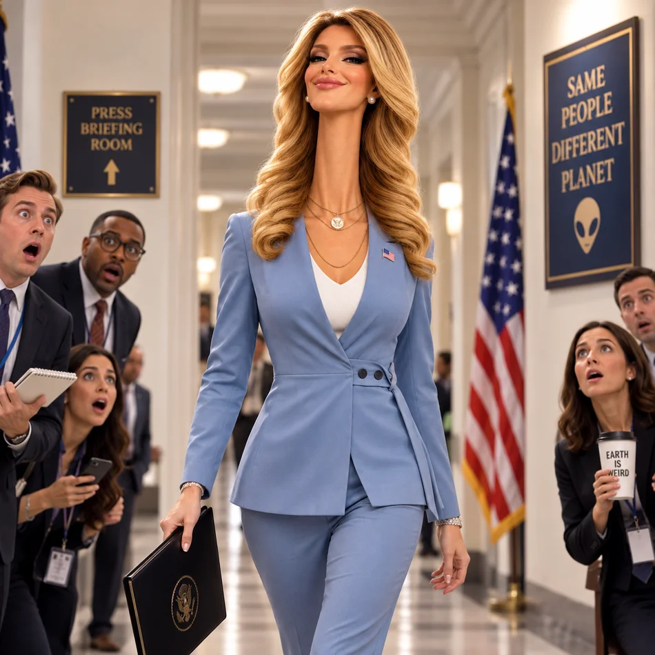 Fictional glamorous alien character with a surreal elongated neck and a powder-blue government suit