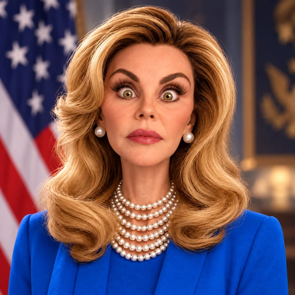 Fictional wide-eyed blonde alien government character wearing a cobalt-blue suit and pearls